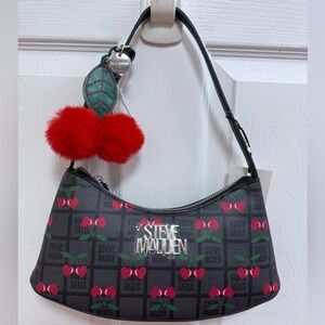 NWT Steve Madden Cherry Print Black Shoulder Bag w Red Charm